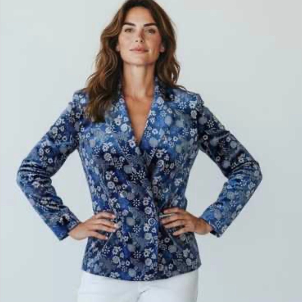 NWT Carolina Belle Navy Floral Velvet Blazer Jacket Sz M US - Picture 1 of 9